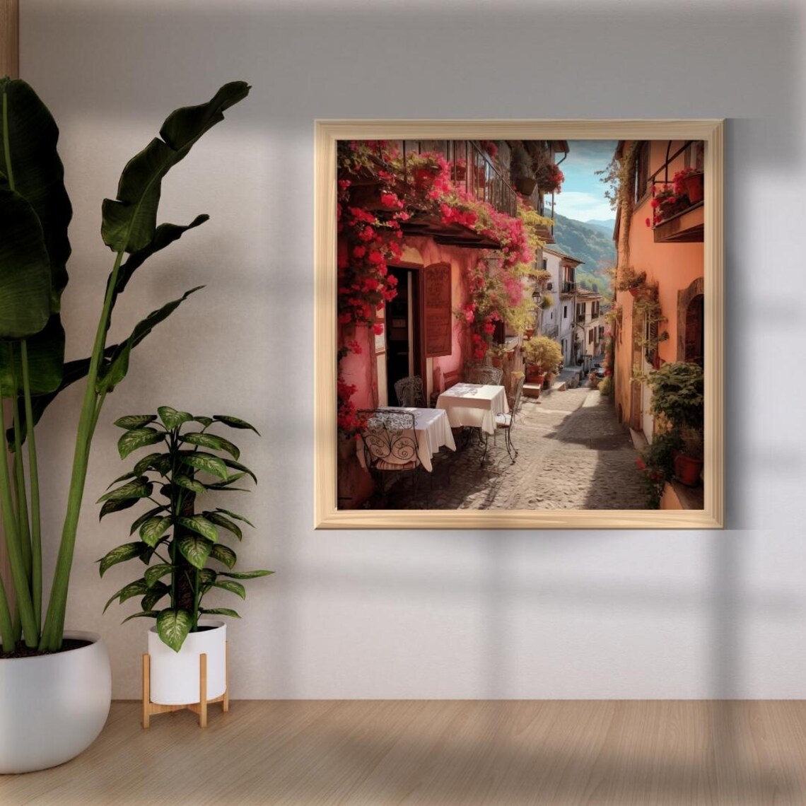 Italy Flower Covered Street Cafe Tables Cobblestone Alley Poster