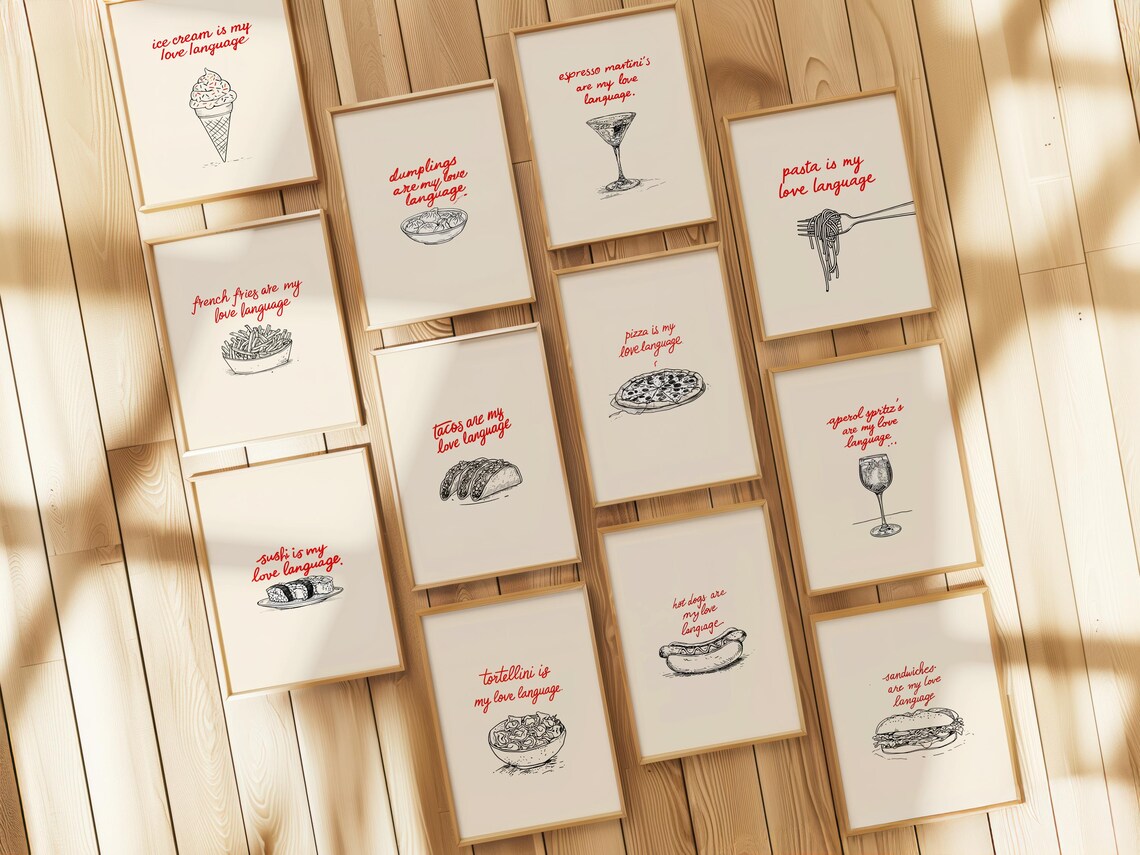 Food Love Language Quote Set of 12 Funny Kitchen Gallery Decor Poster