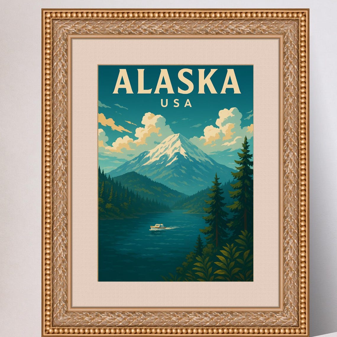 Alaska USA Vintage Mountain Lake Snow Peak Travel Poster Art