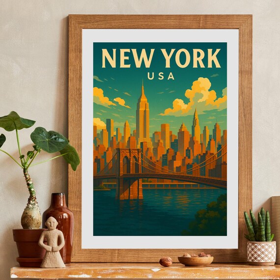 New York City Vintage Travel Poster Brooklyn Bridge Skyline Retro Art