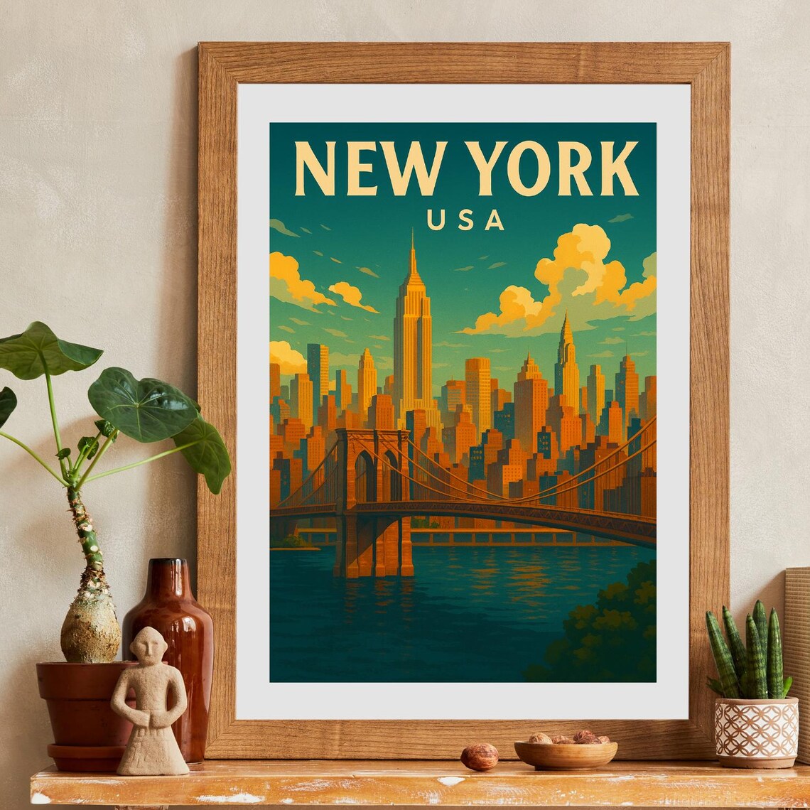 New York City Vintage Travel Poster Brooklyn Bridge Skyline Retro Art