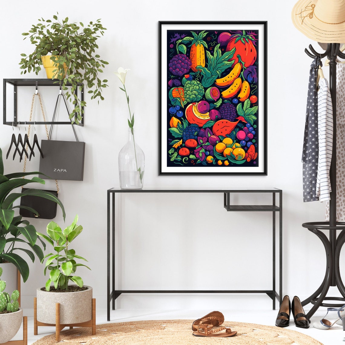 Vibrant Fruit And Vegetable Harvest Dark Background Art Poster - Image 2