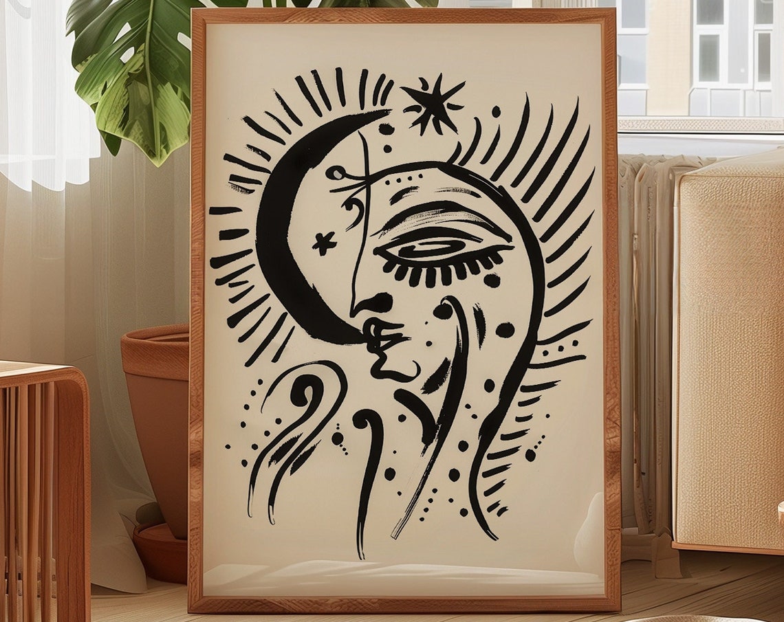 Abstract Sun And Moon Celestial Face Line Drawing In Black Ink Print