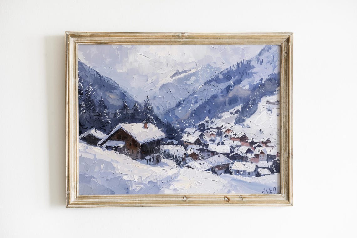 Snowy Alpine Mountain Village Chalets Winter Twilight Travel Poster