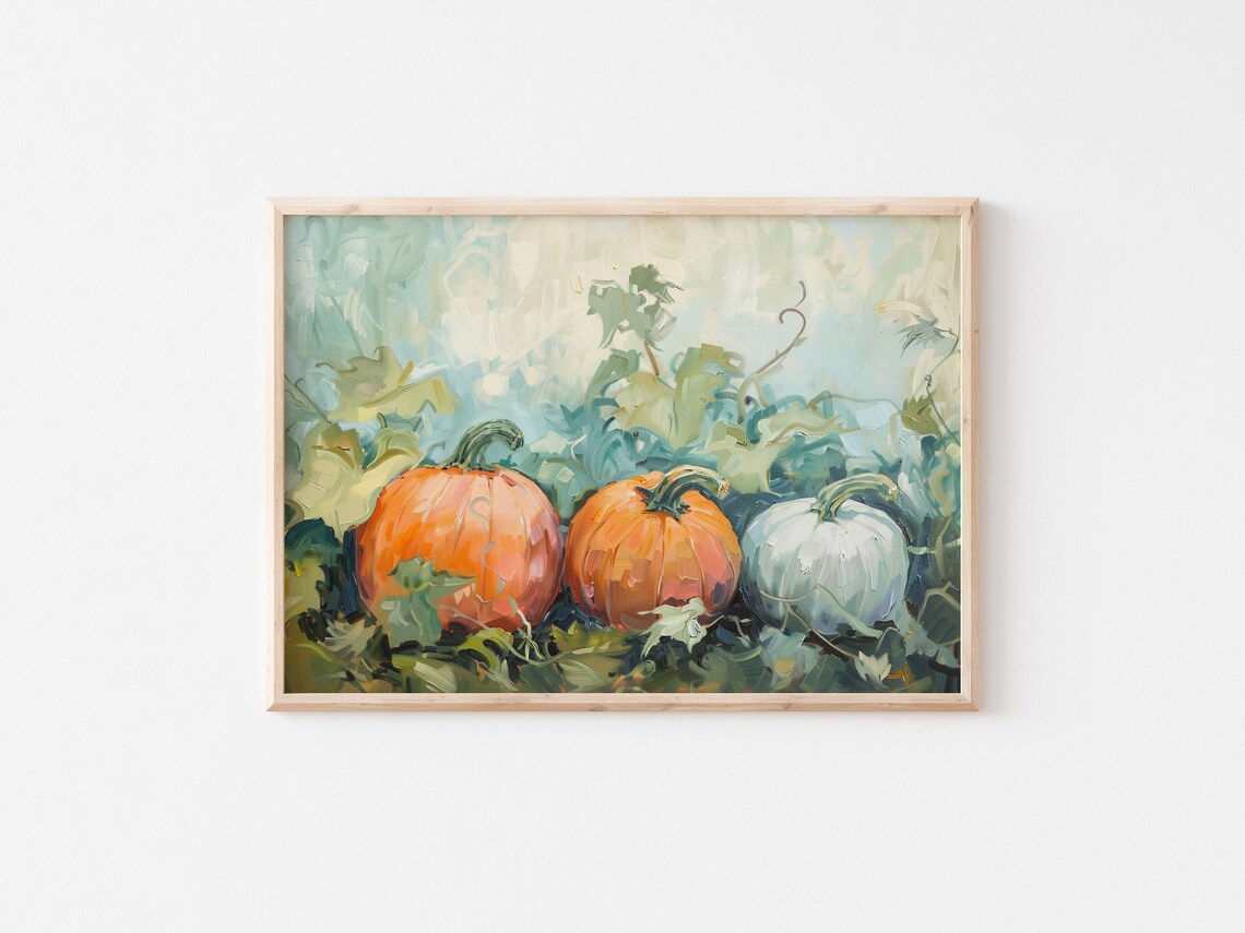 Three Pumpkins Vine Orange White Pumpkins Light Blue Green Harvest Art Print - Image 2