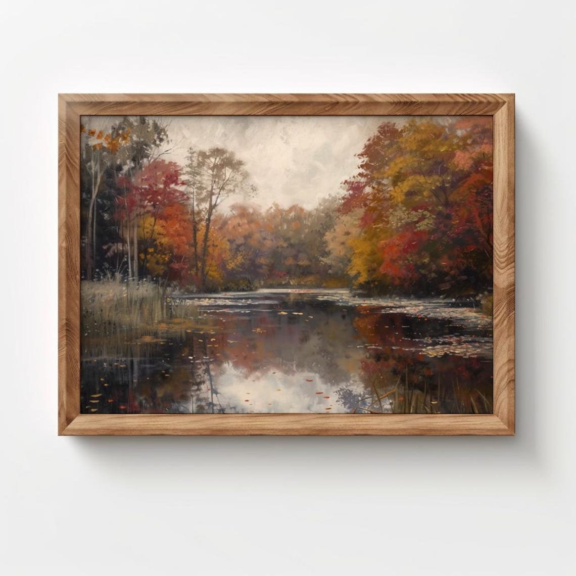 Autumn Pond Fall Foliage Oil Painting Vintage Rustic Wall Art Poster - Image 2