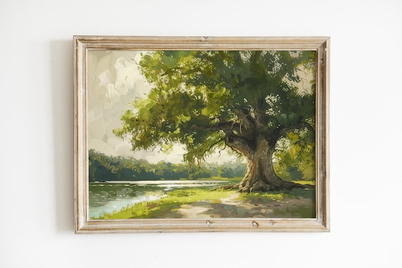 Vintage Landscape Painting Oak Tree Pond Print Wall Art Rustic Farmhouse Decor Muted Neutral Colors