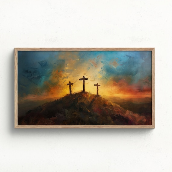Three Crosses Calvary Sunset Dramatic Orange Sky Easter Art Poster