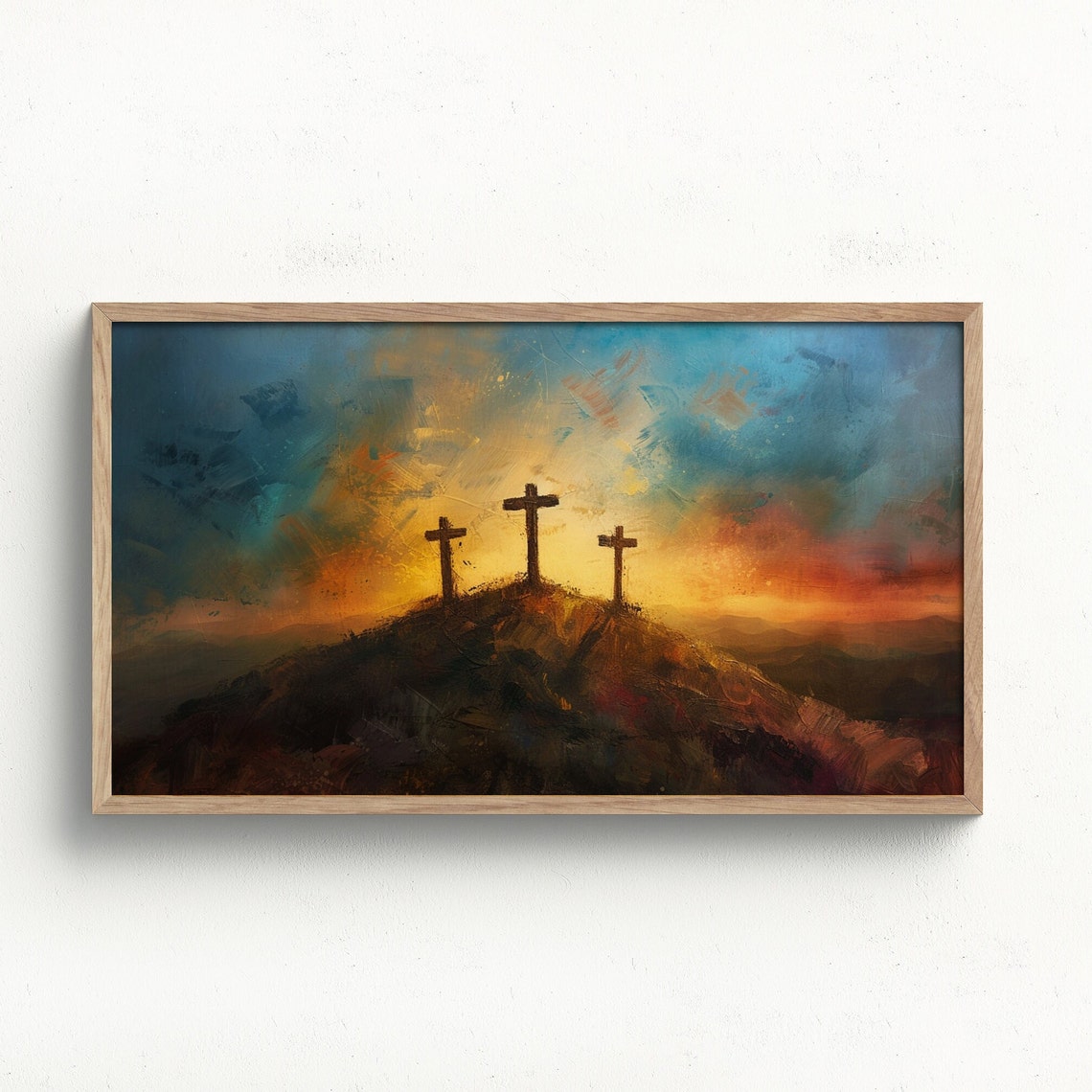 Three Crosses Calvary Sunset Dramatic Orange Sky Easter Art Poster