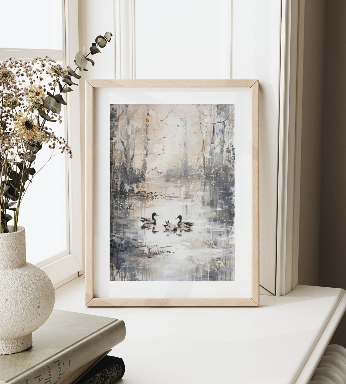 Ducks in Misty Grey Waters Abstract Neutral Vintage Wildlife Art Print - Image 2