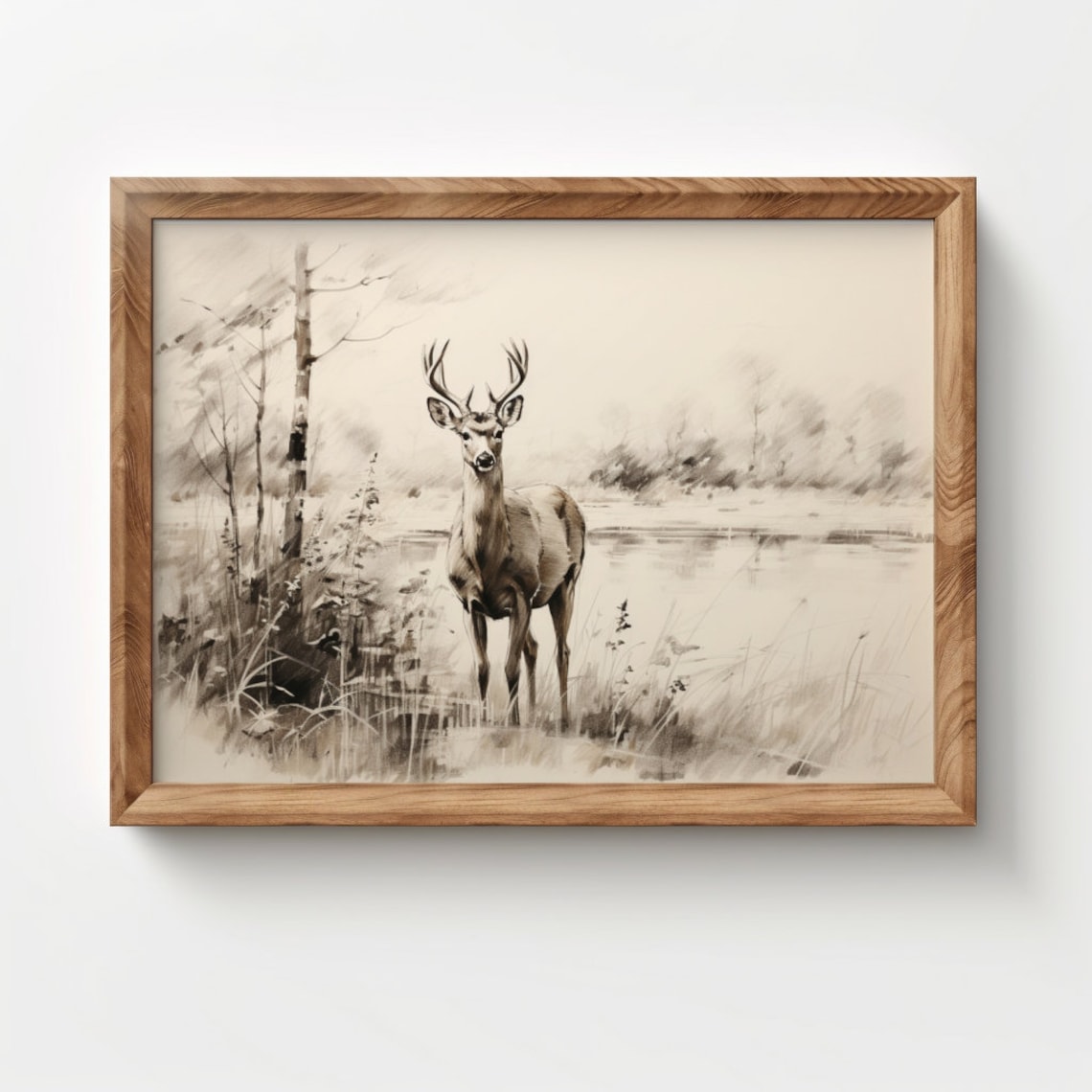 Vintage Deer Sketch Art Print, Rustic Farmhouse