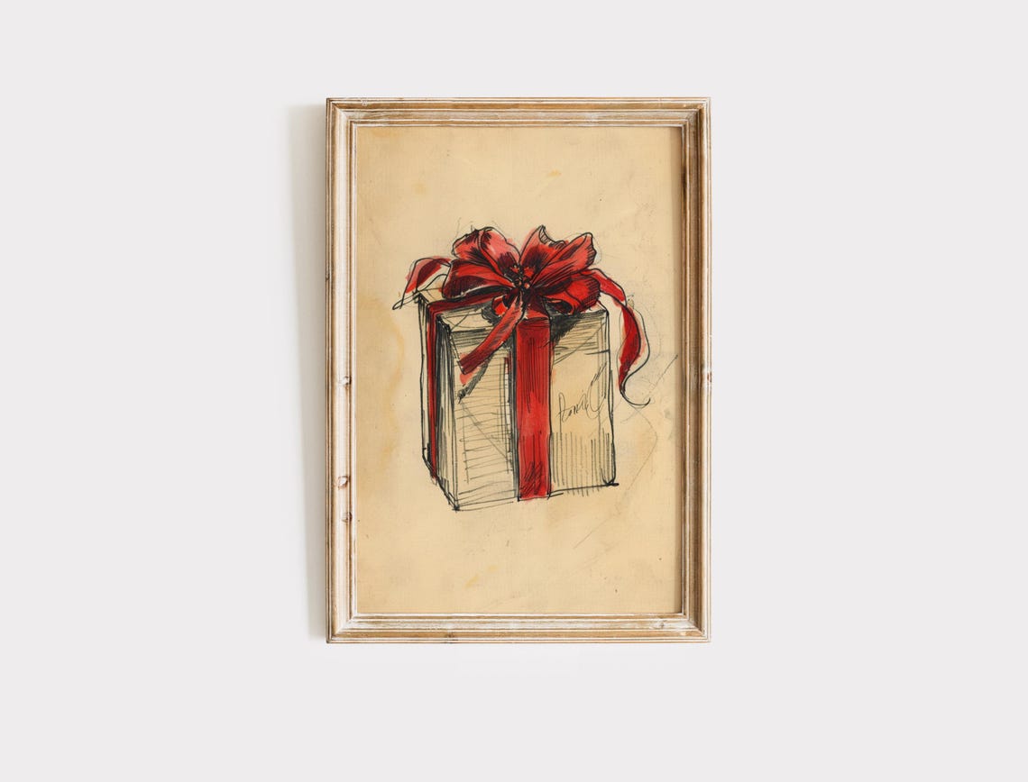 Ink Sketch Christmas Gift Box With Red Ribbon Bow Holiday Art Print - Image 2