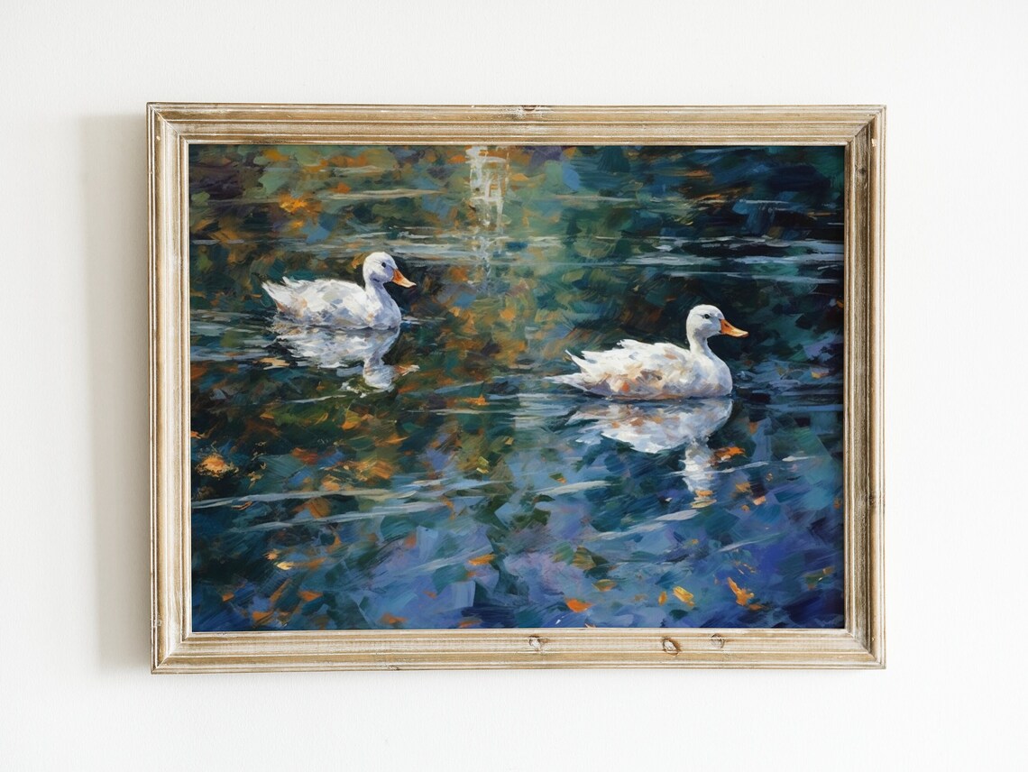 White Ducks on the Pond Painting Wall Art Print