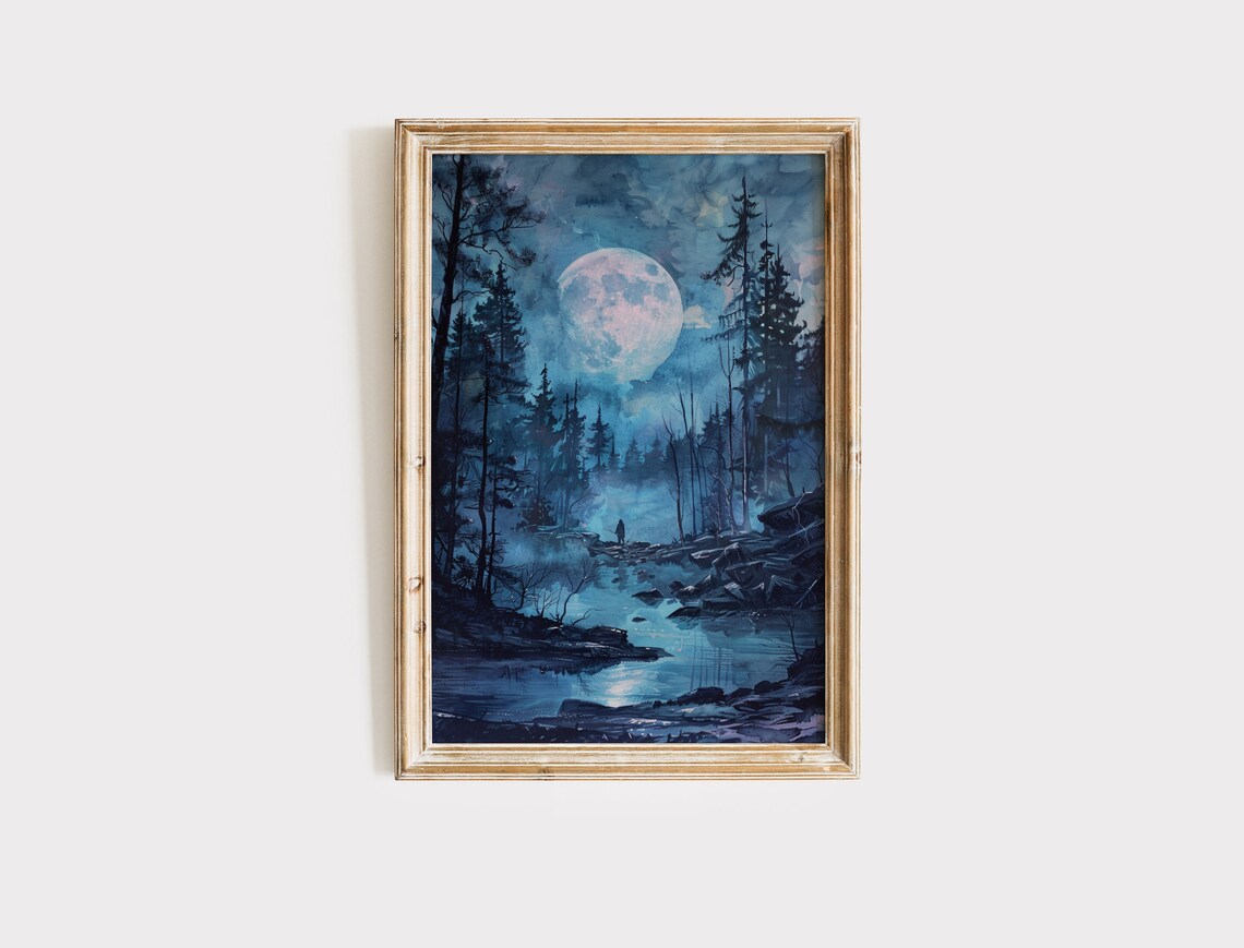 Blue Moon Night Misty Pine Forest Stream Lone Figure Moonlit Halloween Art Poster - Image 2