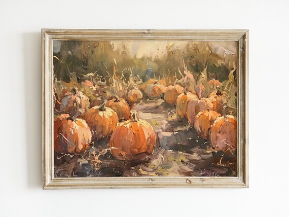 Rustic Pumpkin Patch Rows Orange Pumpkins Harvest Oil Painting Fall Poster
