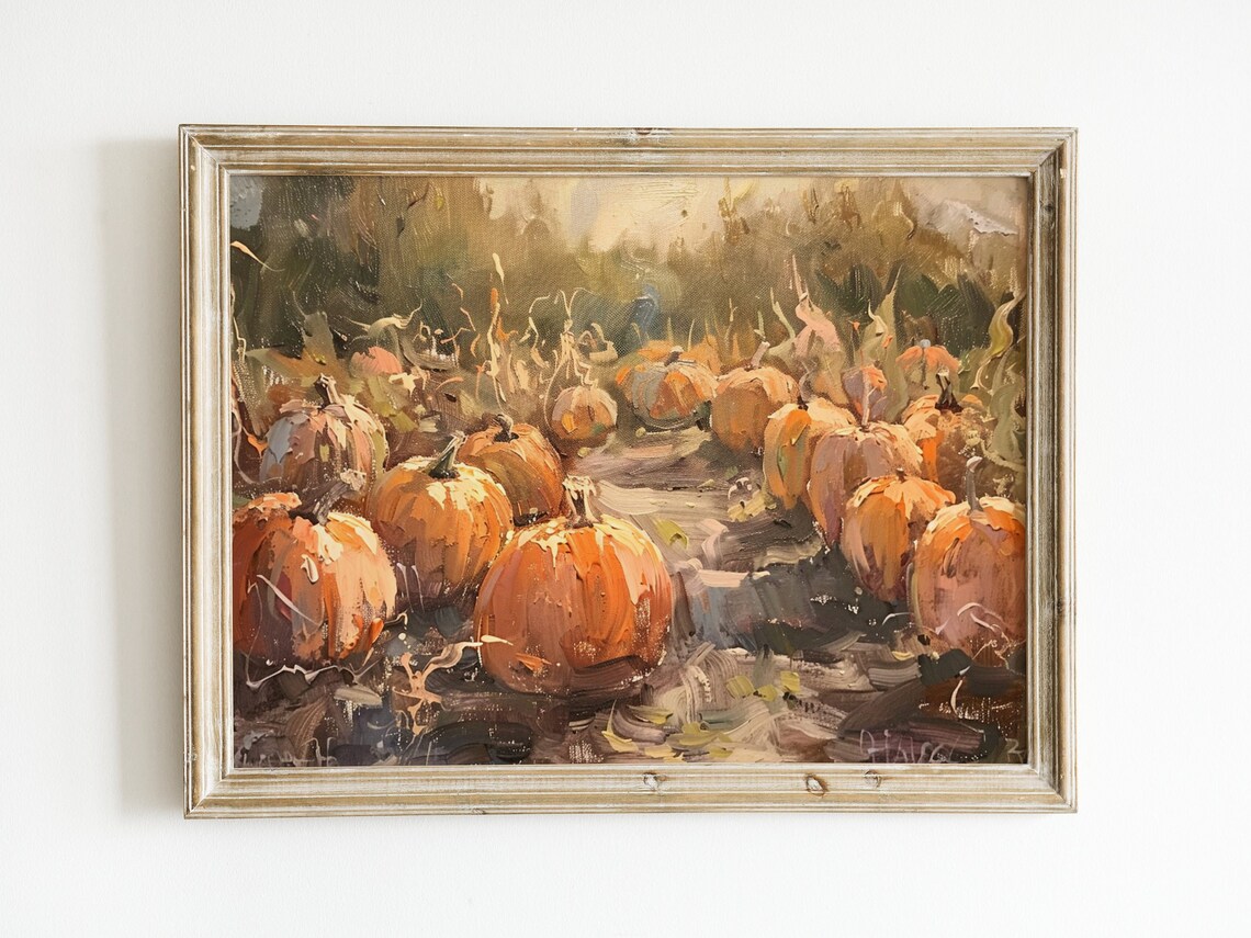 Rustic Pumpkin Patch Rows Orange Pumpkins Harvest Oil Painting Fall Poster