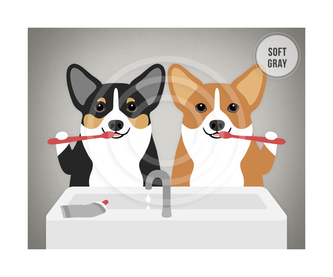 Two Corgis Brushing Teeth At Sink Funny Dog Bathroom Art Poster - Image 3