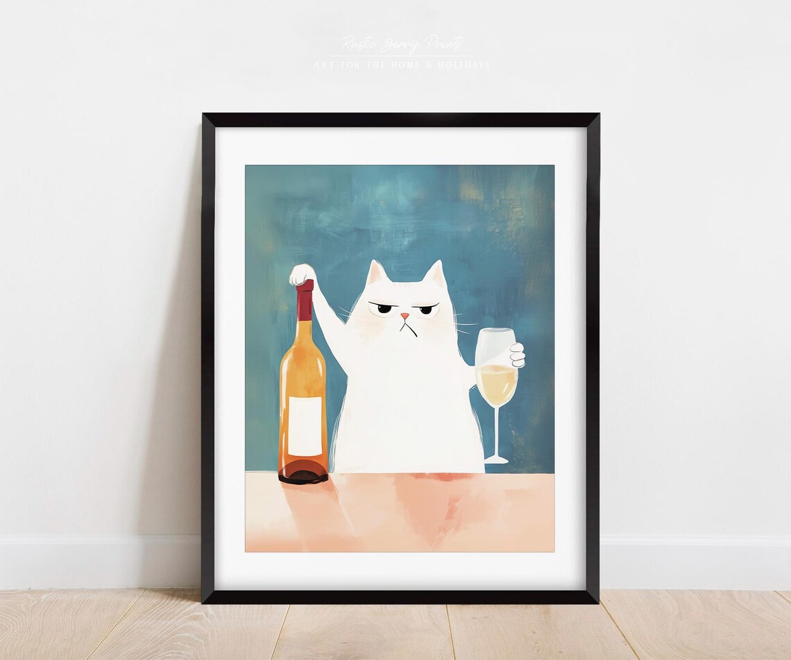 Grumpy White Cat Holding Wine Bottle Funny Cat Wine Bar Art Print Poster - Image 4