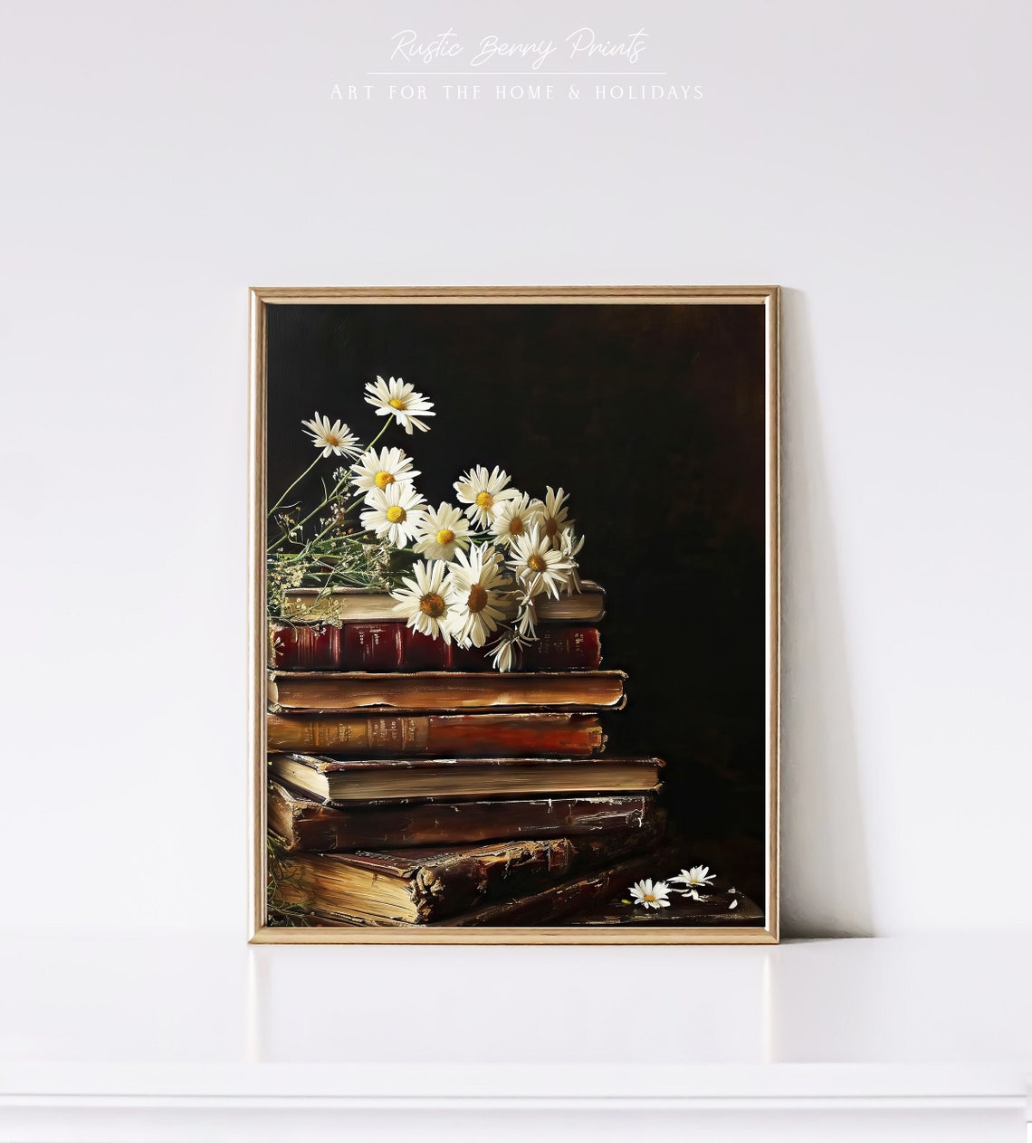 Antique Books Stack White Daisies Dark Moody Academia Art Poster