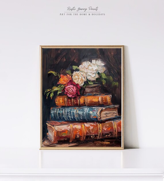 Moody Vintage Books Oil Painting Wall Art Vintage Print Cottagecore Flowers Spring Decor Academia Instant