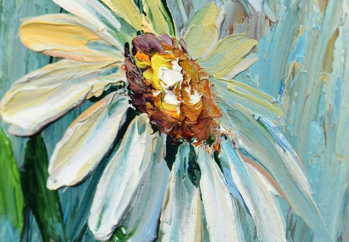 White Daisies Pale Teal Background Impasto Brush Floral Oil Wall Art - Image 3