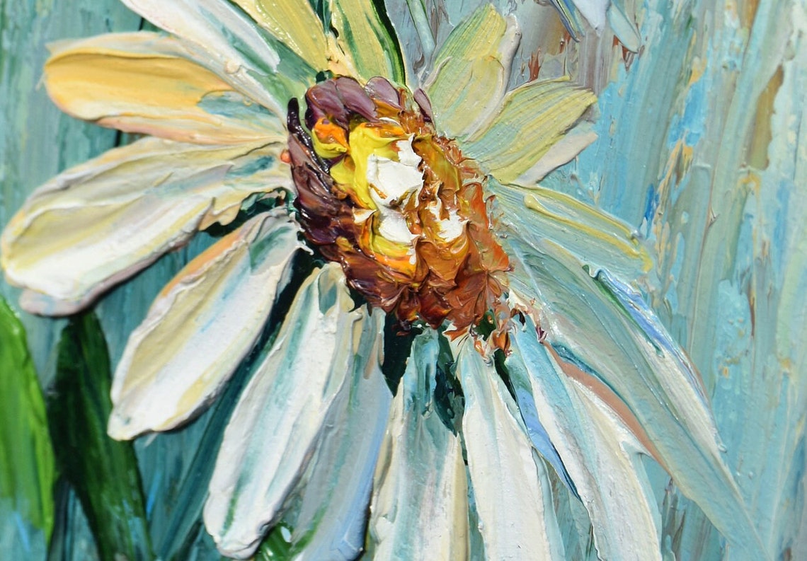 White Flower Art Daisy Wall Art Flowers Painting White Daisies Art Chamomile Oil Painting Flowers Impasto Knife Oil Painting Meadow Painting - Image 3