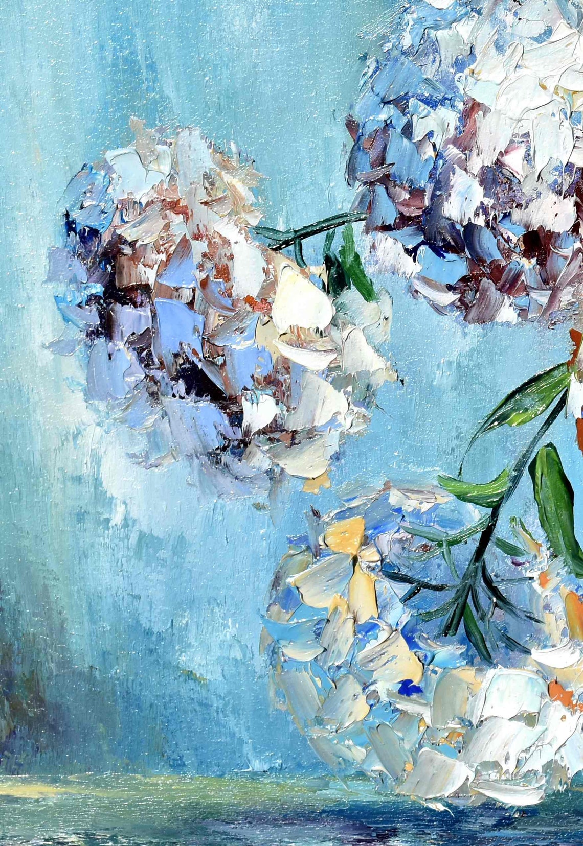 White Hydrangea Blossoms Glass Vase Soft Blue Impasto Painting Poster - Image 5
