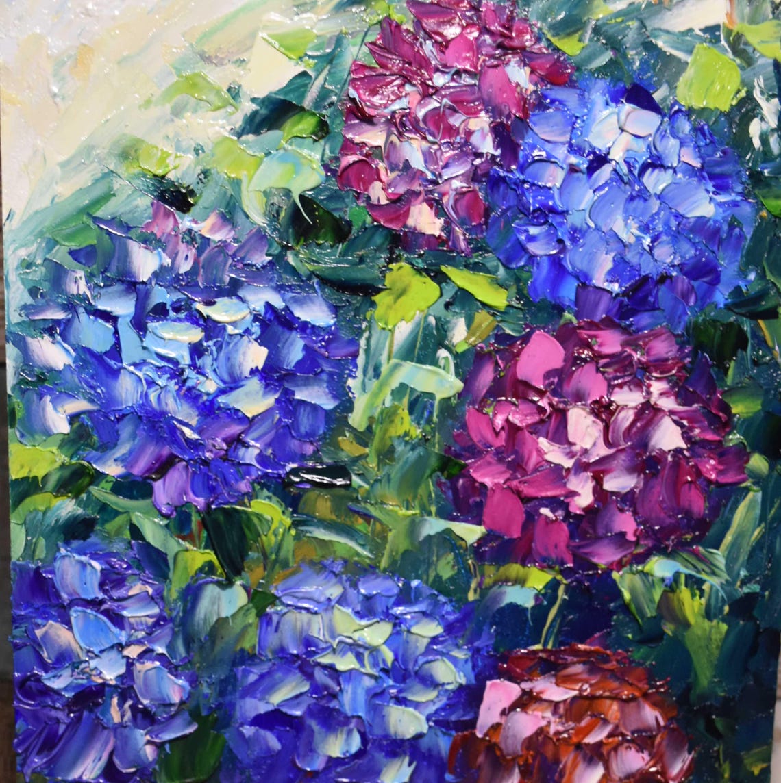 Blue Purple Hydrangea Blooms Thick Impasto Oil Painting Floral Poster