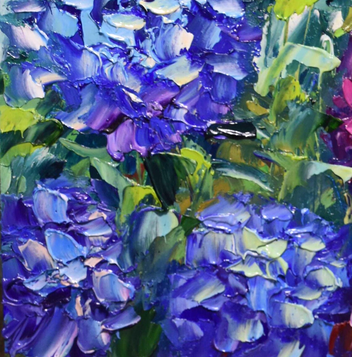 Blue Purple Hydrangea Blooms Thick Impasto Oil Painting Floral Poster - Image 5