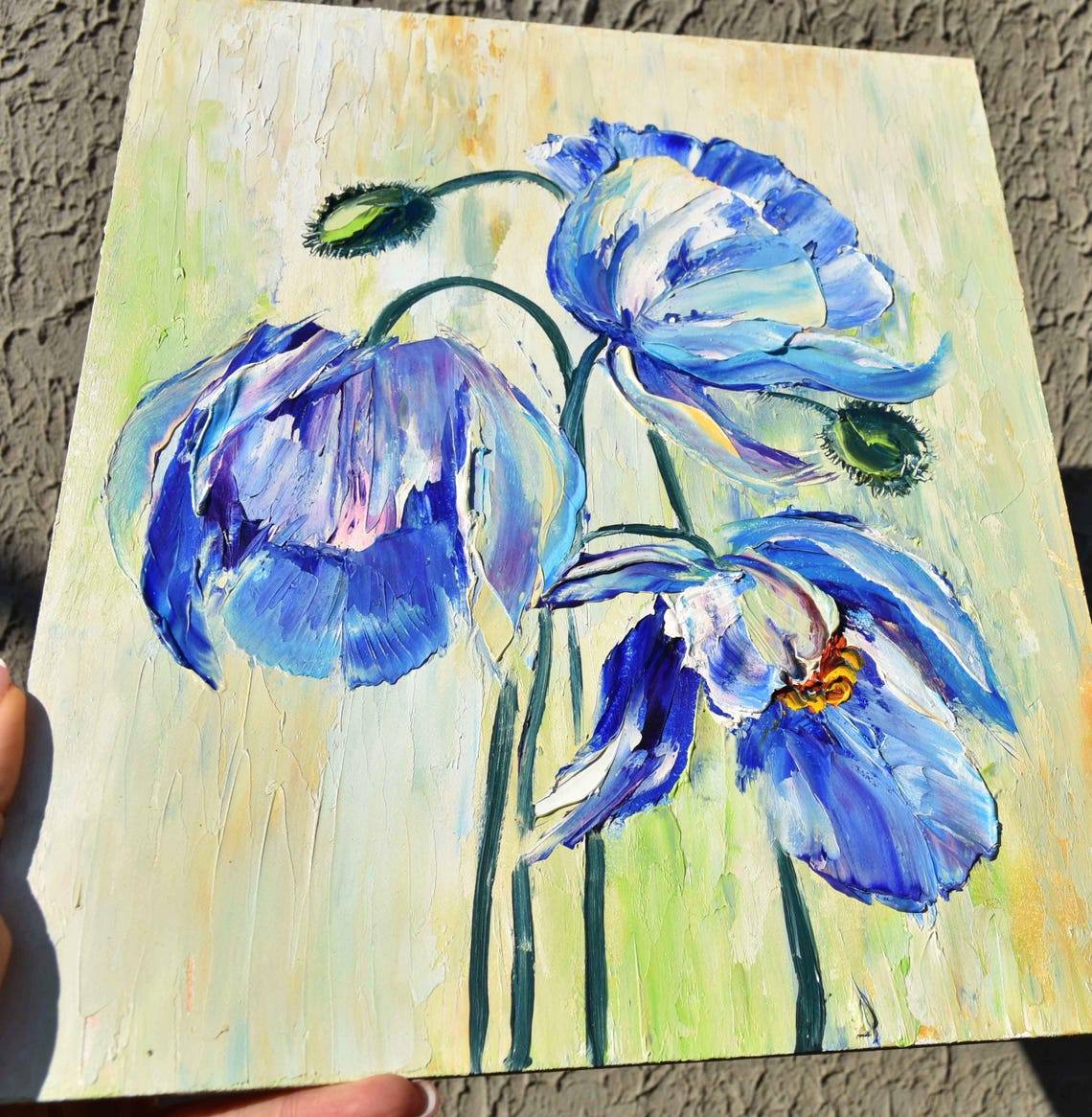 Blue Poppies Painting Poppy Oil Painting Landscape Painting Blue Flowers Art Floral Original Art Poppies Impasto Flower Artwork Original Art - Image 3