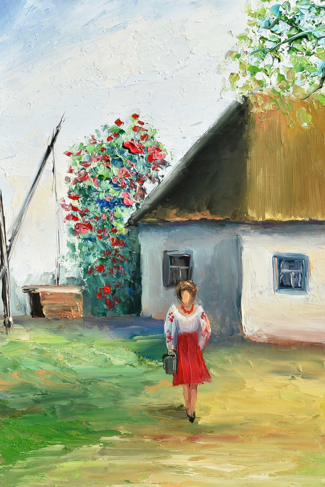 Rural House Art Ukraine Art Summer Landscape Art Landscape Painting Ukrainian Girl Art Yellow Flowers Art Well Landscape Art Palette Knife - Image 4