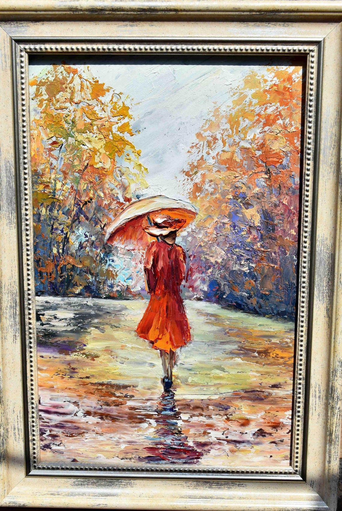 Girl With Umbrella Painting Autumn Landscape Painting Umbrella Art Painting Street Painting Girl Painting City Landscape Art Girl In A Red - Image 5