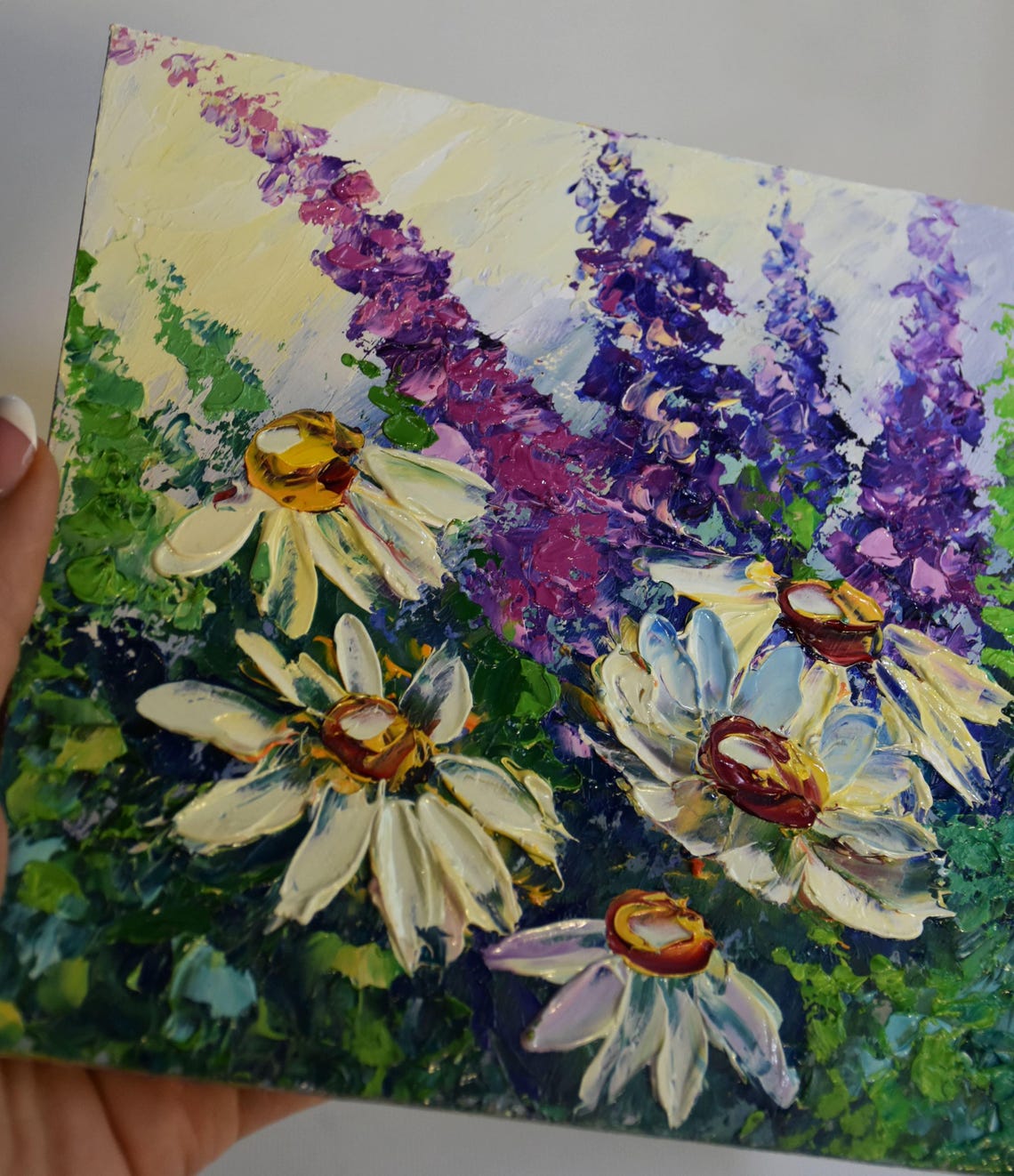 White Flower Art Daisy Wall Art Flowers Painting White Daisies Art Chamomile Oil Painting Flowers Impasto Knife Oil Painting Textured Flower - Image 3