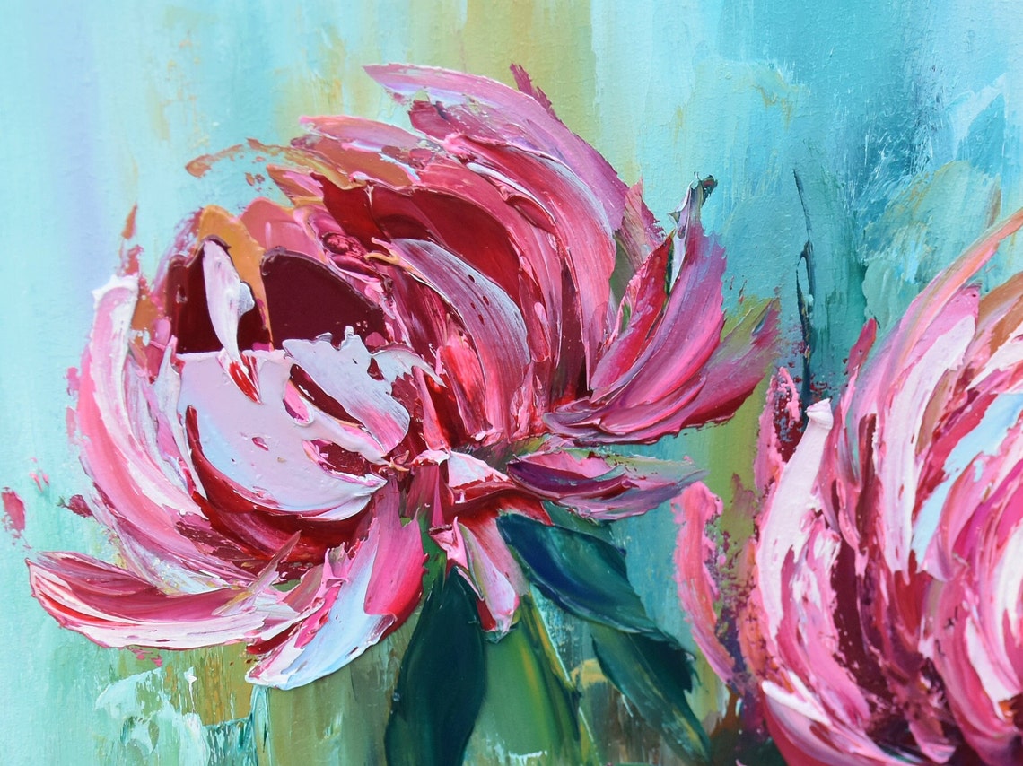 Peony Painting Flowers Painting Peony Wall Art Impasto Oil Painting Meadow Landscape Peony Oil Painting Peony Art Pink Flower Flower Abstrac - Image 2