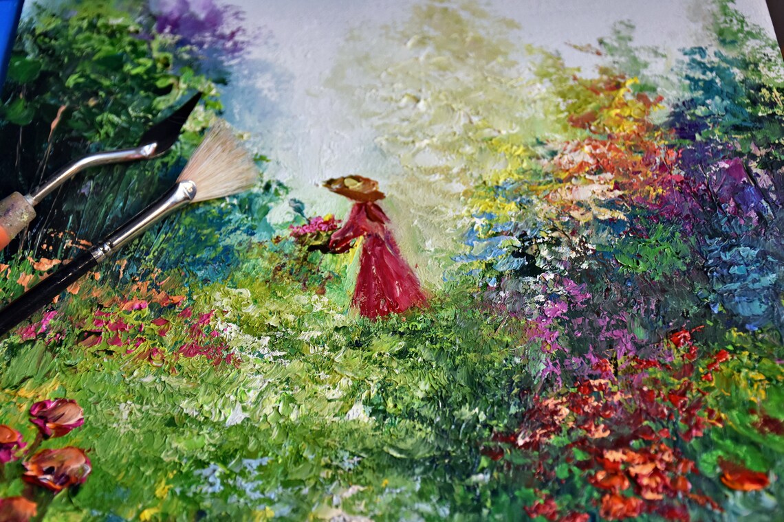 Girl Yellow Dress Forest Path Flower Basket Sunbeam Painting Poster - Image 4