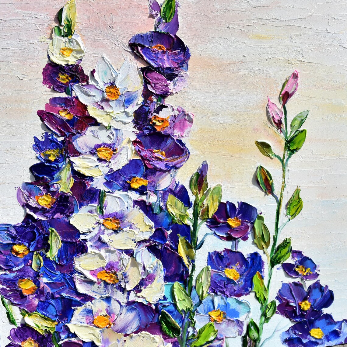 Purple Delphinium Spikes Bloom Garden Impasto Floral Painting Poster