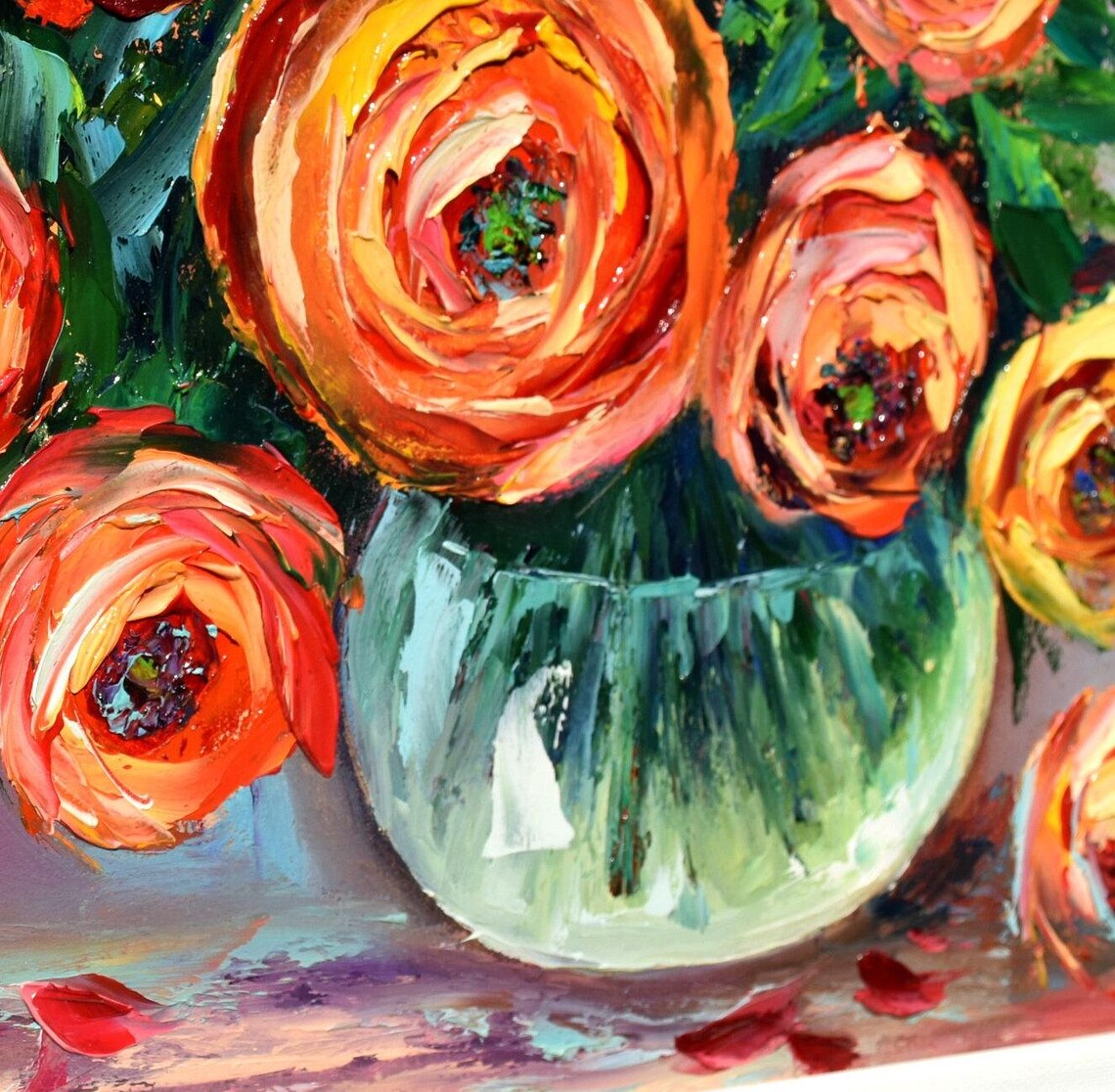 Orange Red Roses Glass Vase Bouquet Impasto Oil Painting Floral Poster - Image 5