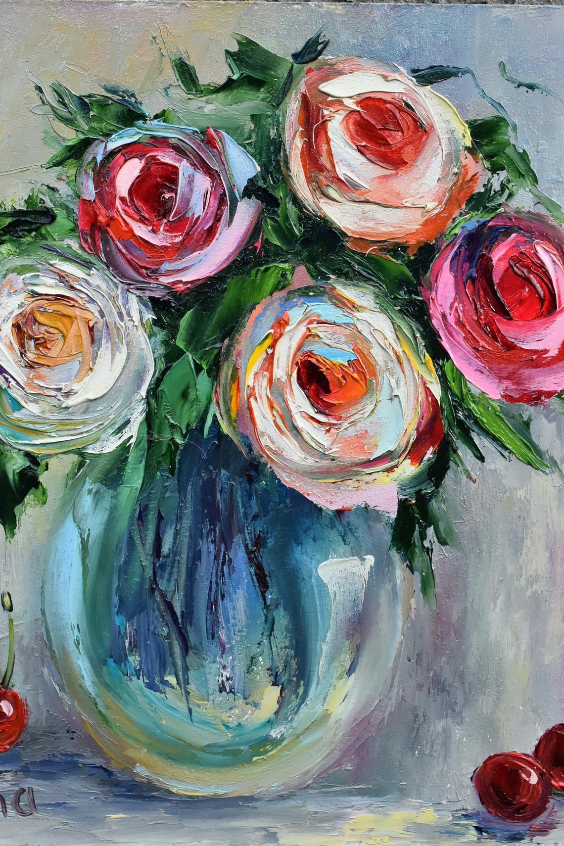 Pink Roses Painting Framed Art Flowers Still Life Cherries And Roses Art Pink Flowers Art Flower Oil Painting Bright Rose Art Oil Art Pink - Image 2