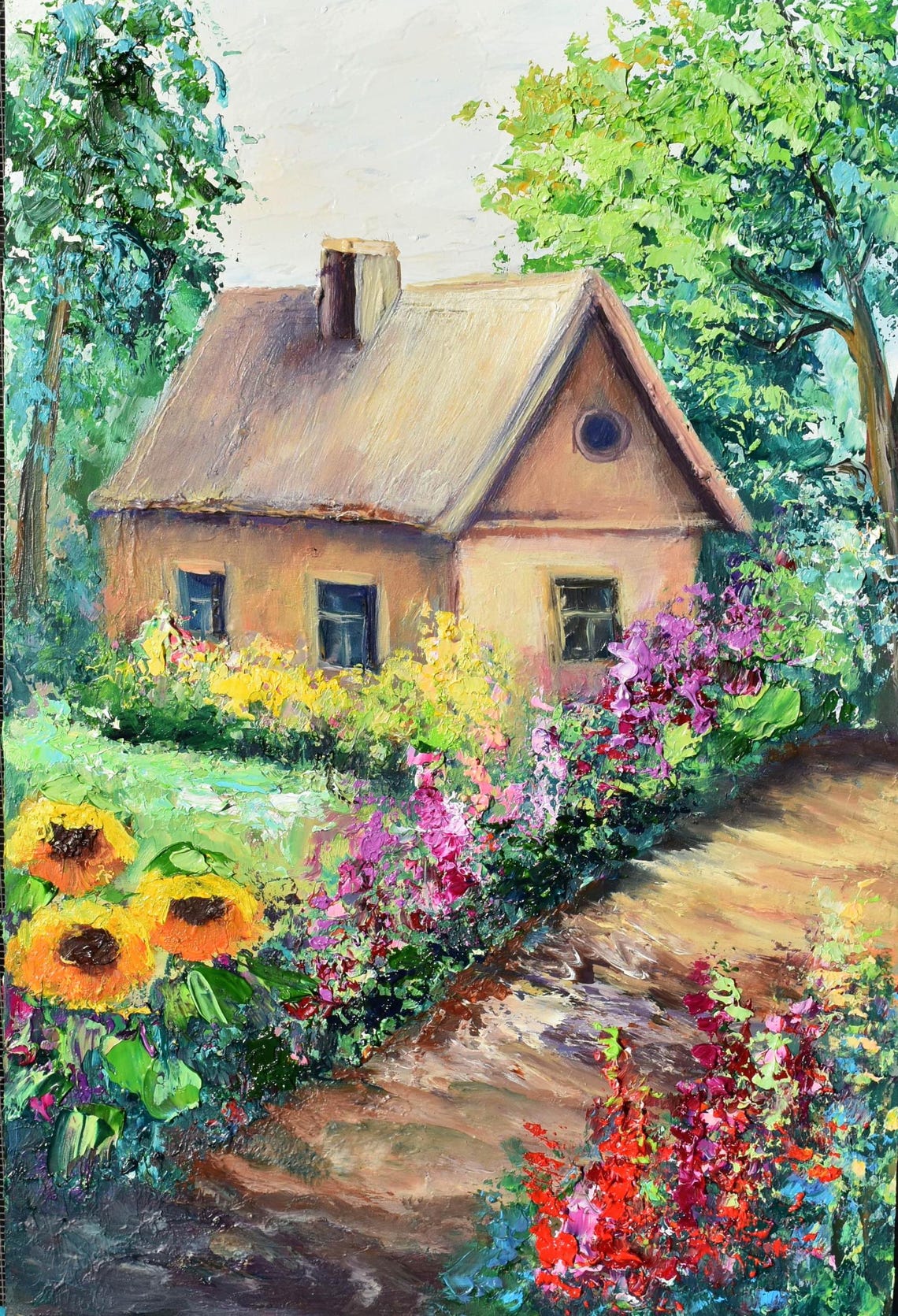 Country Cottage Flower Garden Path Summer Impasto Oil Painting Poster