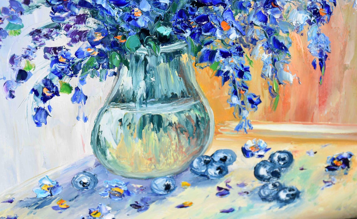 Blue Flower Painting Still Life Painting Blueberry Art Wildflowers Oil Art Purple Flowers Painting Impasto Painting Palette Knife Art Oil - Image 5