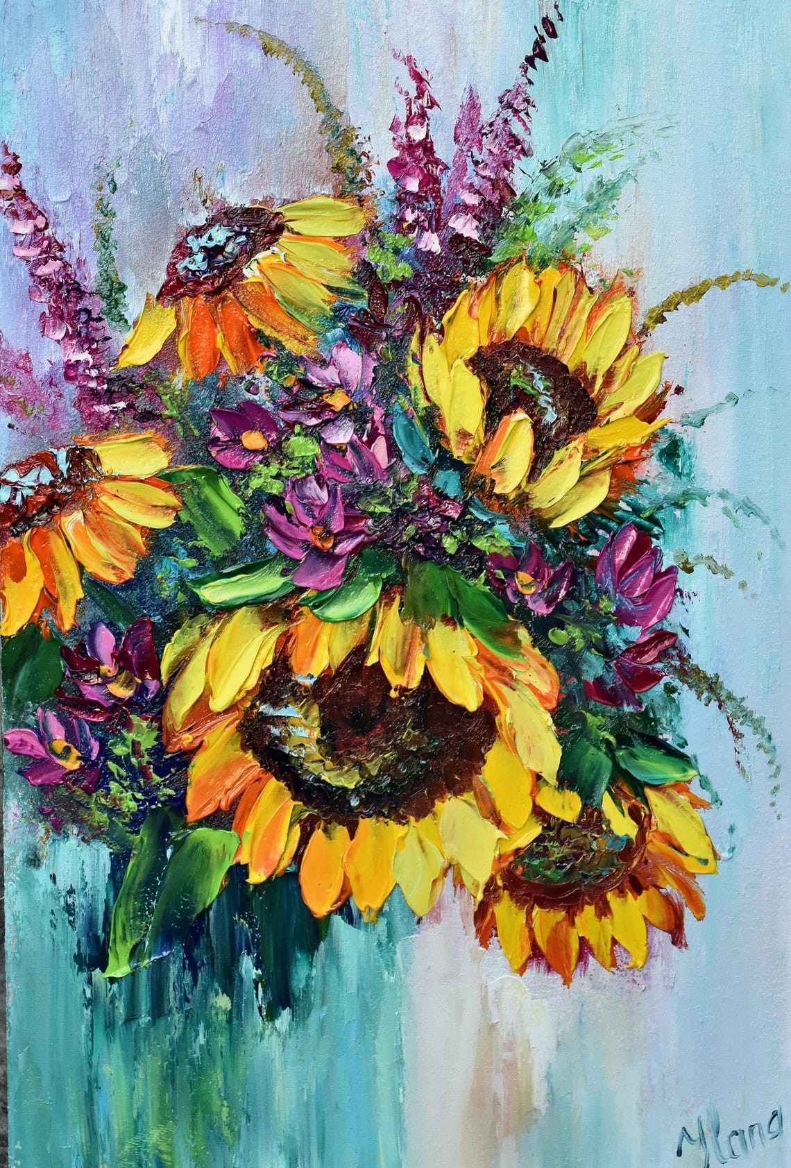 Sunflowers Flowers Sunflowers Art Original Oil Art Sunflower Wall Art Yellow Flower Art Oil Art Textured Blue Wildflowers Art Floral Artwork
