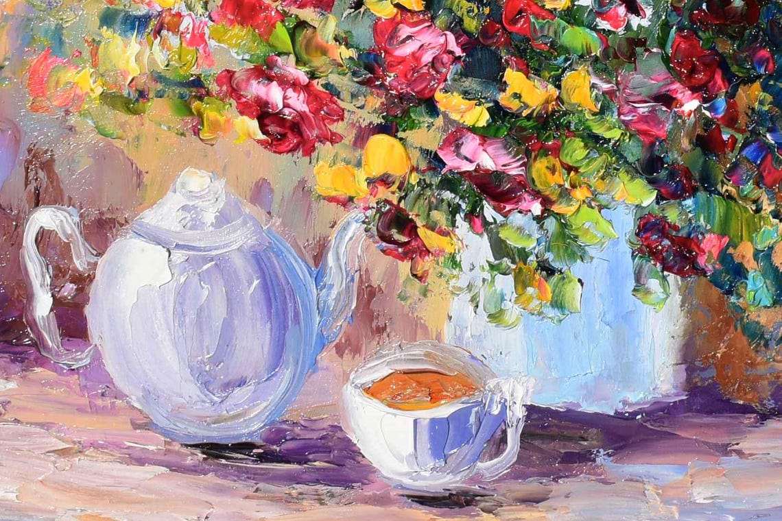Flower Meadow Art Impasto Oil Painting Still Life Painting Cup Of Tea Art Small Wall Art Summer Flower Art Kitchen Still Life Art Teapot - Image 5