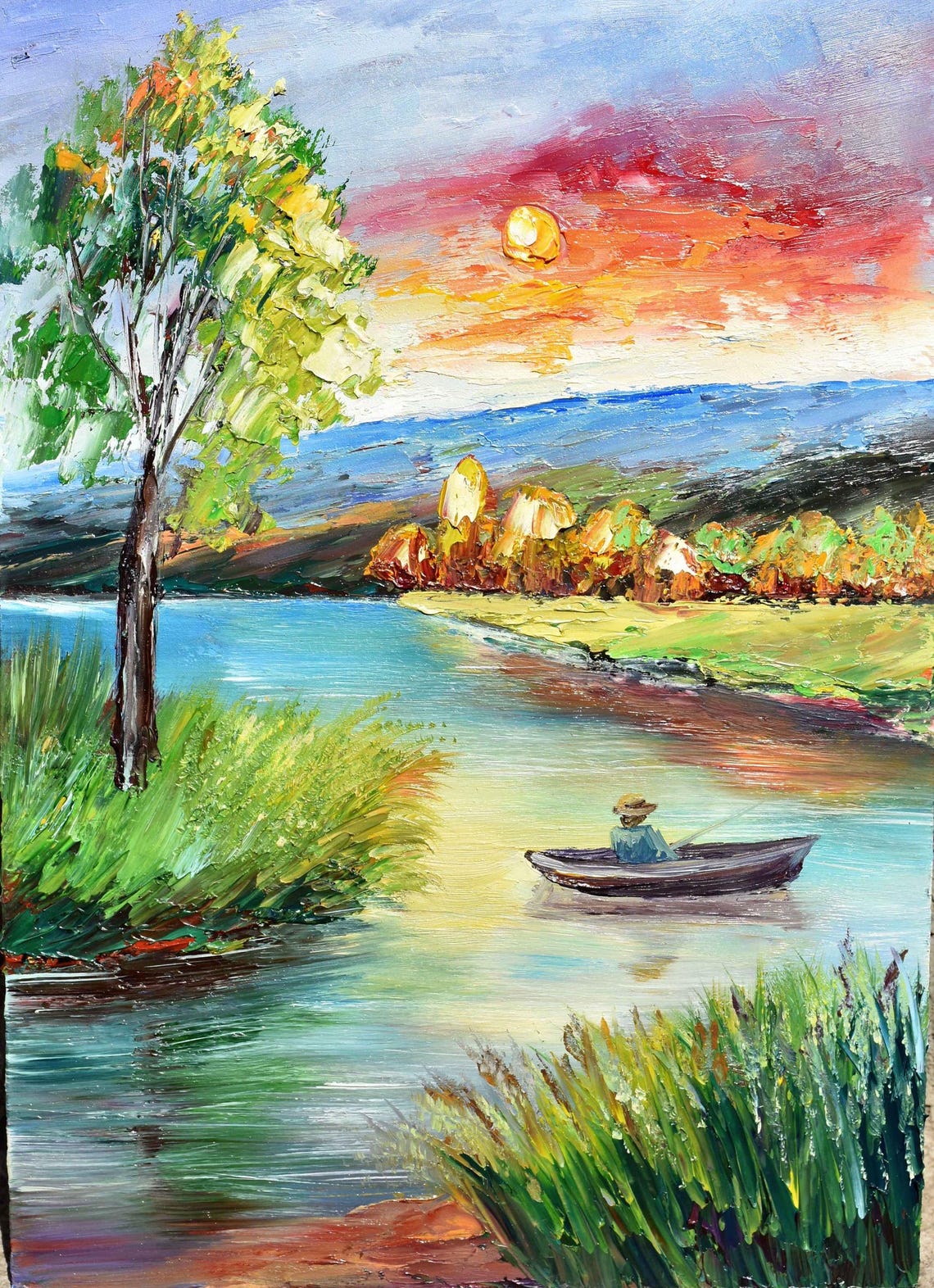 Fisherman Painting Landscape Art Landscape Painting Fisherman Fishing Art Fishing Landscape Fisherman Art Autumn Painting Boat On The Lake