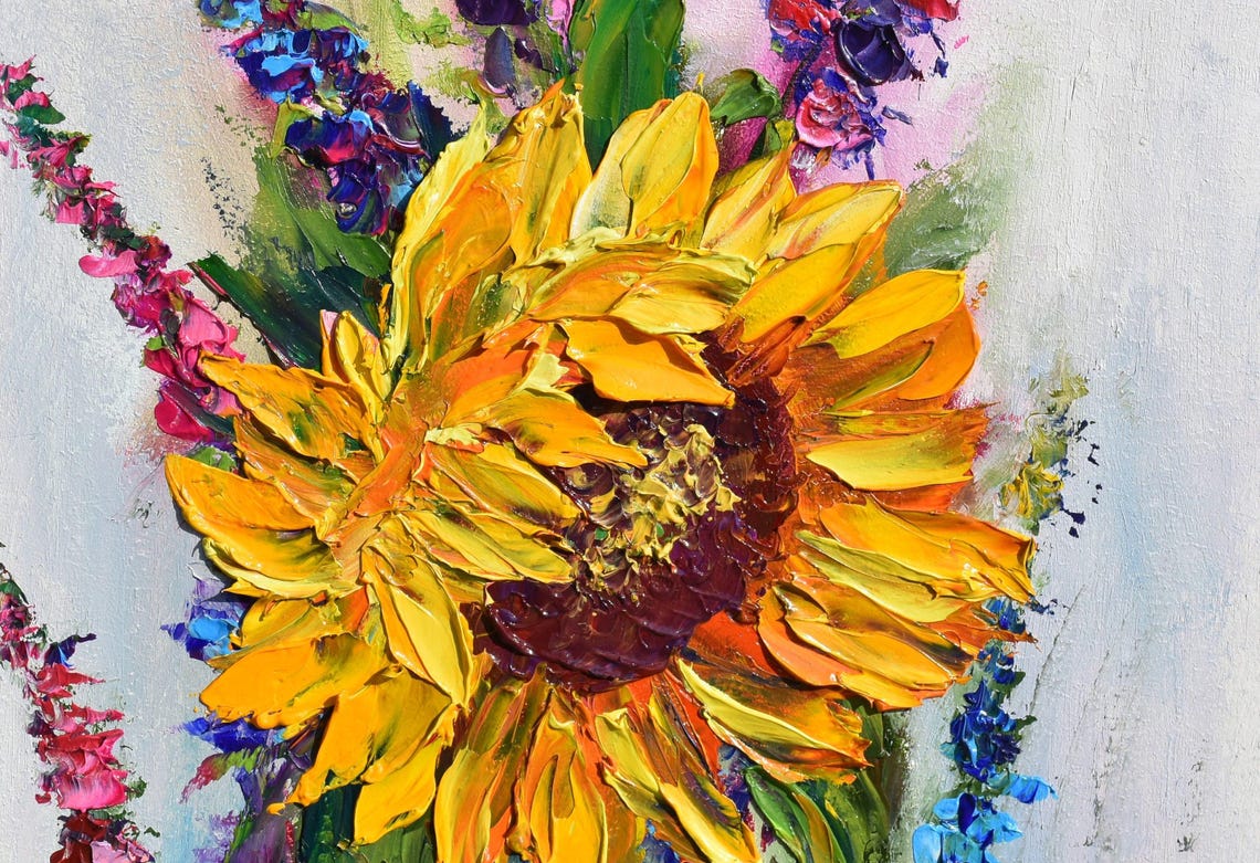 Sunflowers Painting Small Wall Art Meadow Wall Art Landscape Painting Orange Flower Wildflowers Painting Sunflower Flower Art Sunflower Art - Image 4