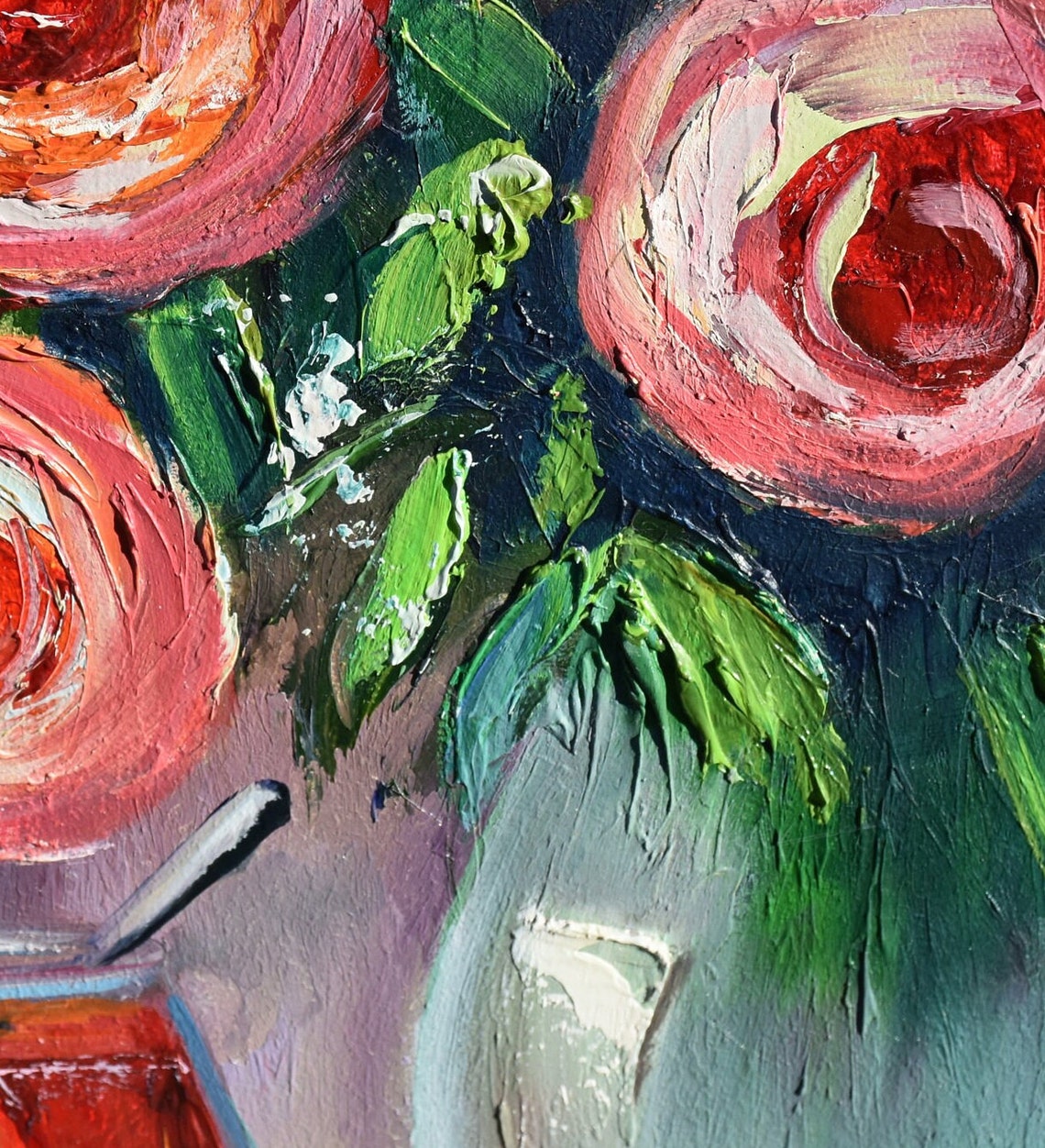 Pink Flowers Art Kitchen Art Food Still Life Rose Painting Cherry Jam Art Roses Flowers Art Floral Artwork Vibrant Floral Art Square Paintin - Image 4