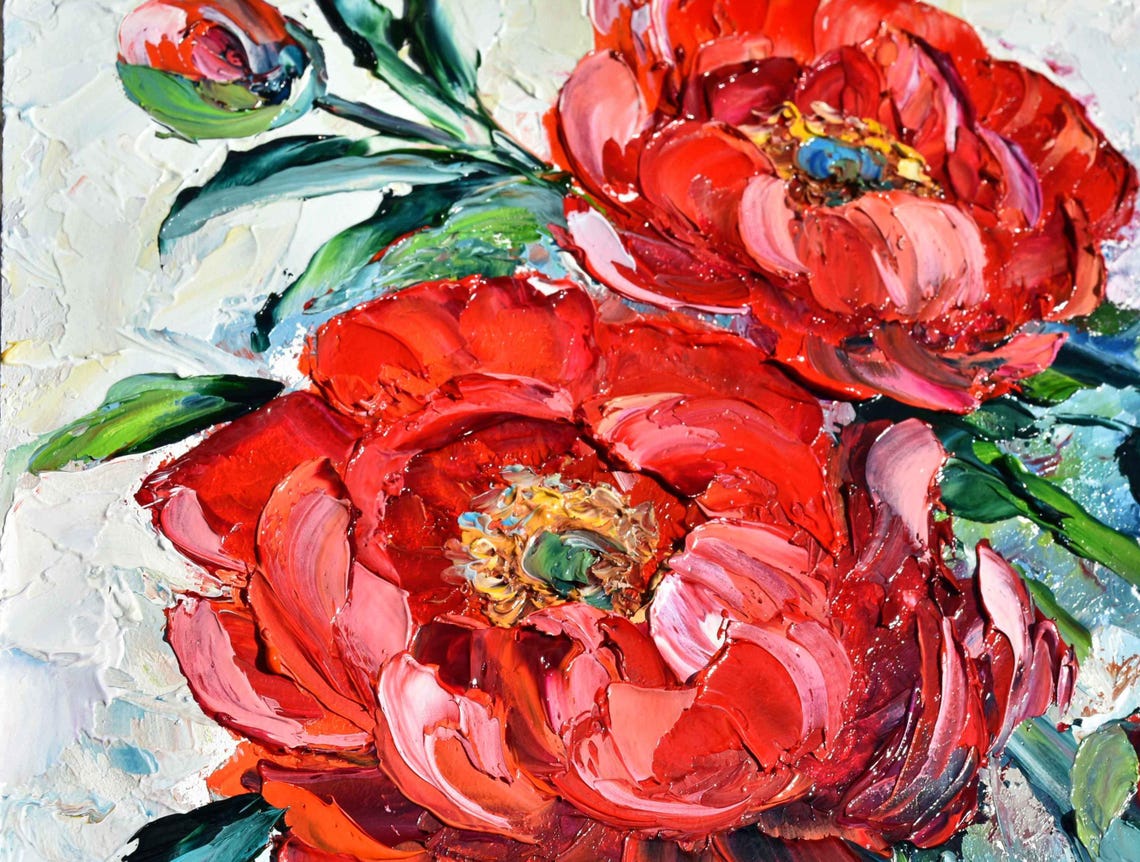 Red Peony Pair Lush Bloom Blush Background Oil Painting Floral Poster - Image 2