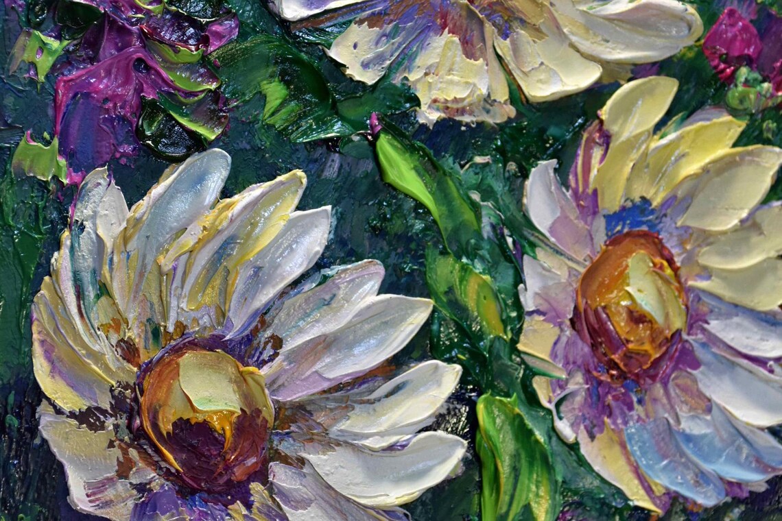 White Daisies Close Up Field Flowers Oil Painting Floral Poster - Image 2