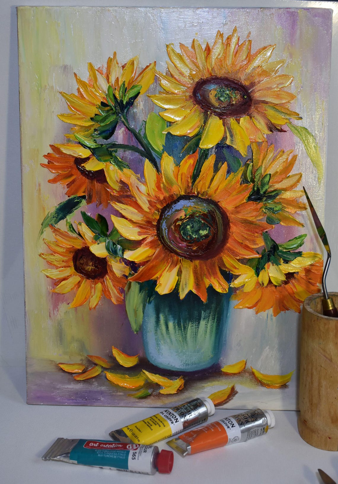 Sunflowers Oil Art Impasto Oil Painting Sunflower Still Life Sunflower Wall Art Sunflowers Painting Floral Art Original Orange Flower Art 3d - Image 3