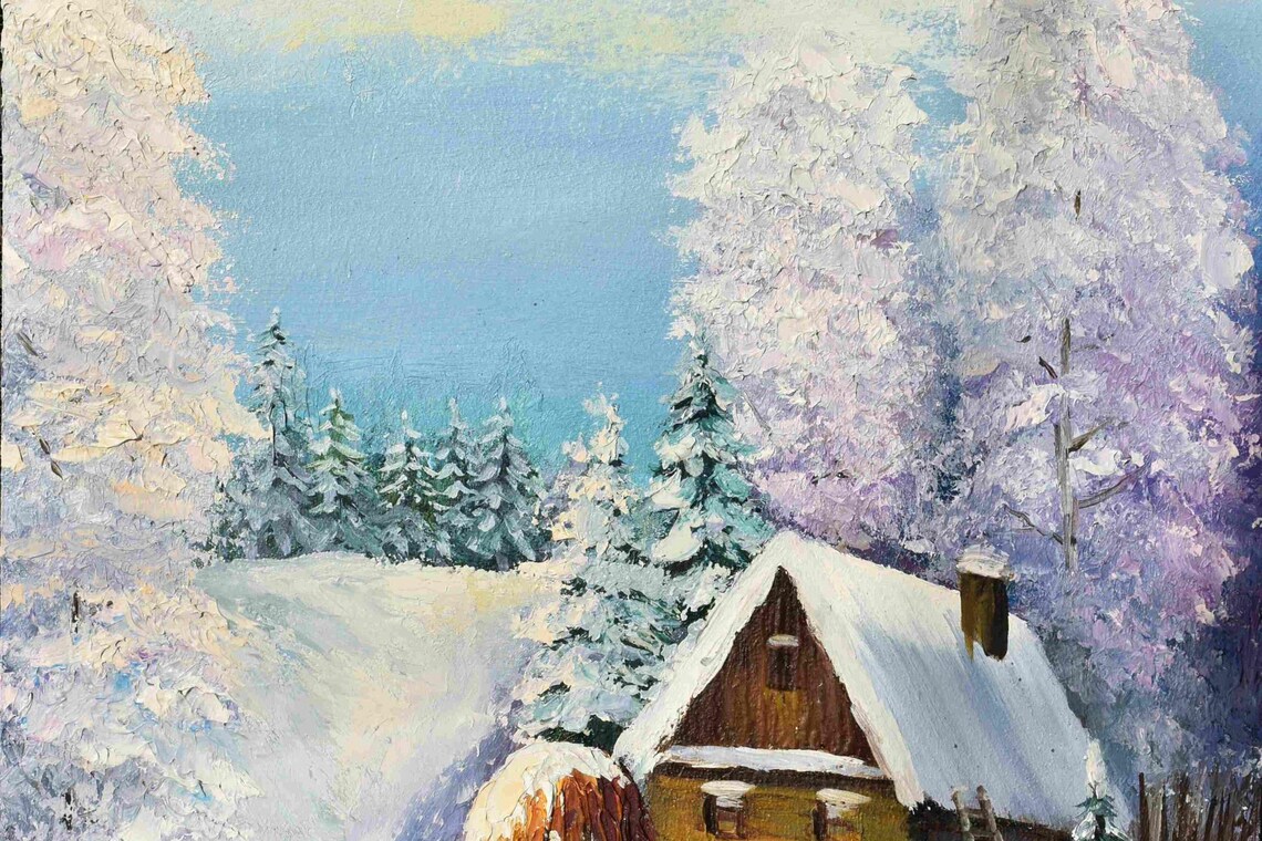 Winter Cabin Snowy Forest Cozy Landscape Impasto Oil Painting Poster - Image 4