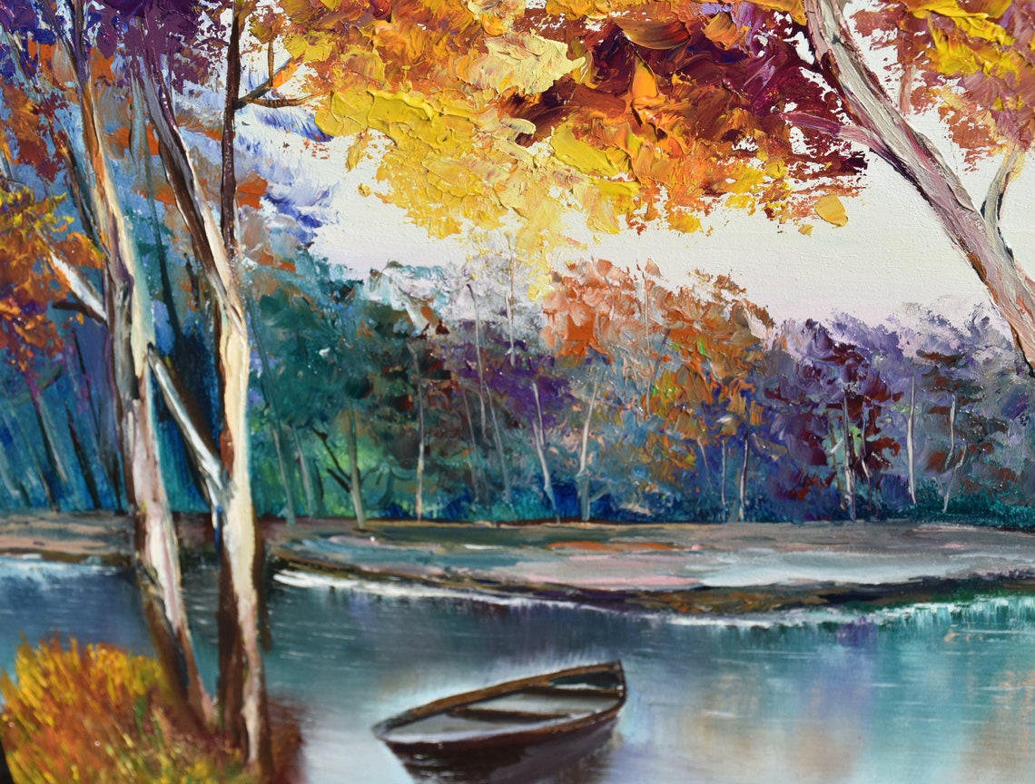 Autumn River With Boat And Red Fall Trees Landscape Art Poster - Image 4